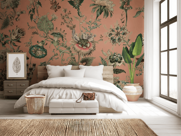 Vintage pink flowers mural wallpaper – design detail