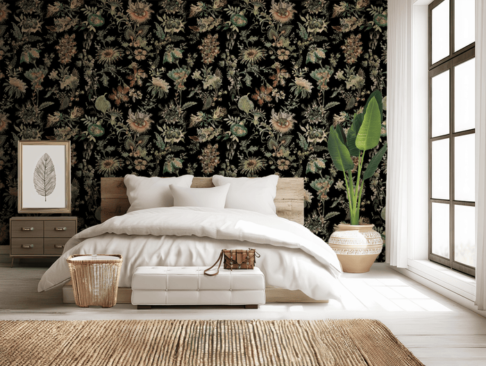 Vintage black flowers mural wallpaper