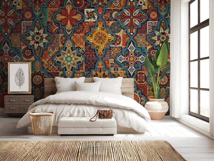 Orange and blue mosaic art mural wallpaper