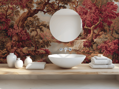 Vintage Red Forest Mural Wallpaper – Luxurious Woodland Scenic Design