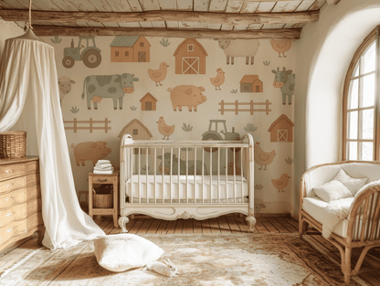 Nursery room with crib, wallpaper featuring farm animals, and wooden floor.