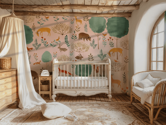 Pink forest grove animals children's mural wallpaper for a kids' room