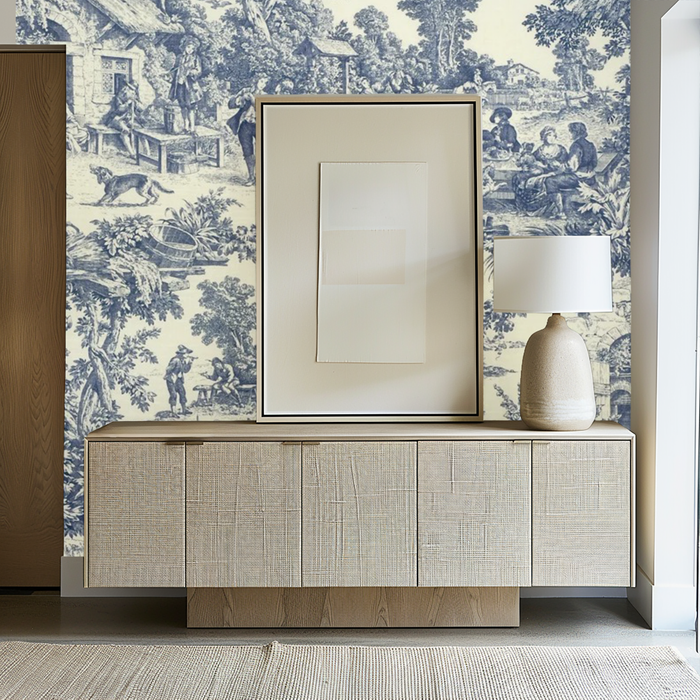 Vintage blue and white French toile mural wallpaper