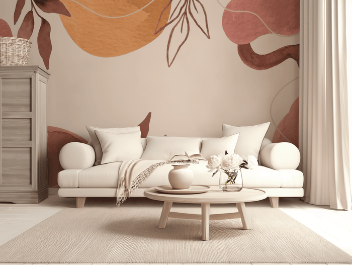 A mural featuring abstract geometric shapes in shades of beige, brown, and white, applied to a living room wall.