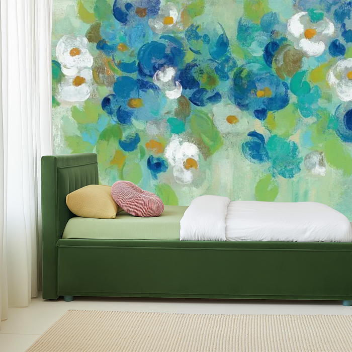 Abstract blue watercolour flowers mural wallpaper – design detail