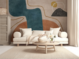 A room featuring the Abstract Sunrise Mural with vibrant turquoise lines on a wall, alongside a beige sofa with white and beige cushions, a wooden coffee table, and a white curtain.