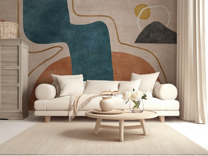 A room featuring the Abstract Sunrise Mural with vibrant turquoise lines on a wall, alongside a beige sofa with white and beige cushions, a wooden coffee table, and a white curtain.