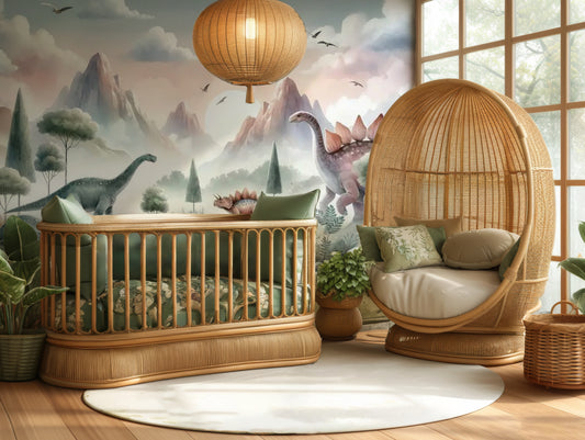 Sunrise Ridge dinosaur mural wallpaper featuring softly coloured dinosaurs and sunrise mountain backdrop, styled in a kids nursery with wooden crib.