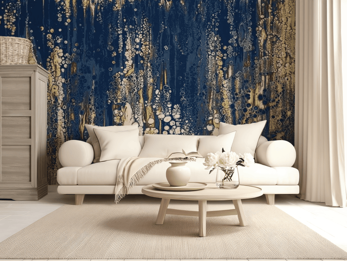 Blue and gold abstract bubble mural wallpaper