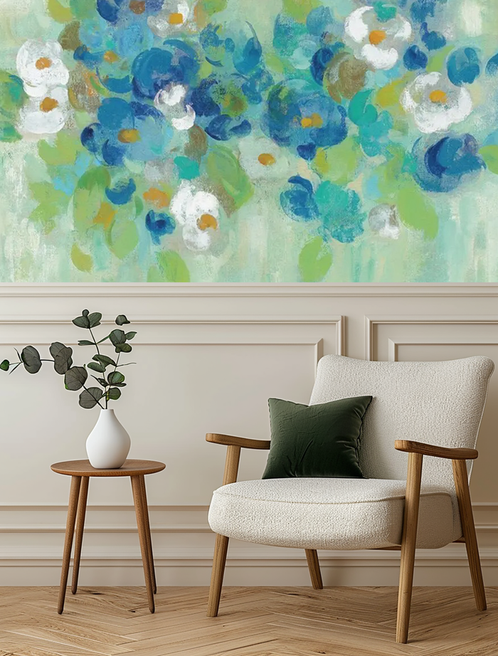 Abstract blue watercolour flowers mural wallpaper