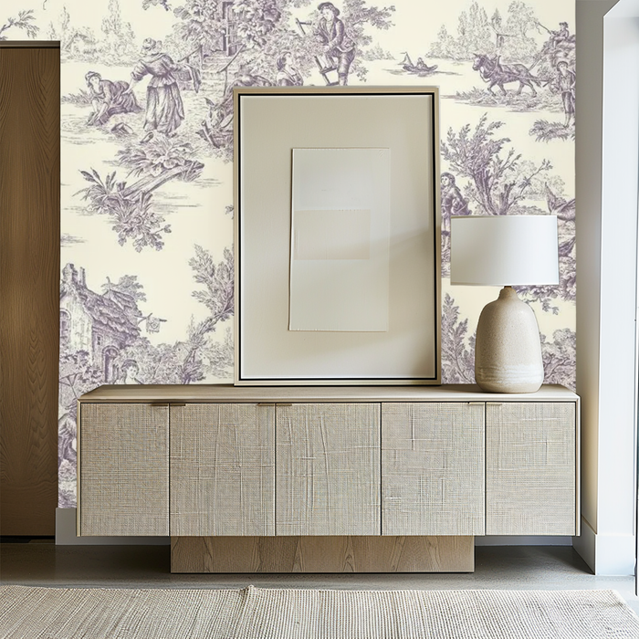 Lavender and white French toile mural wallpaper