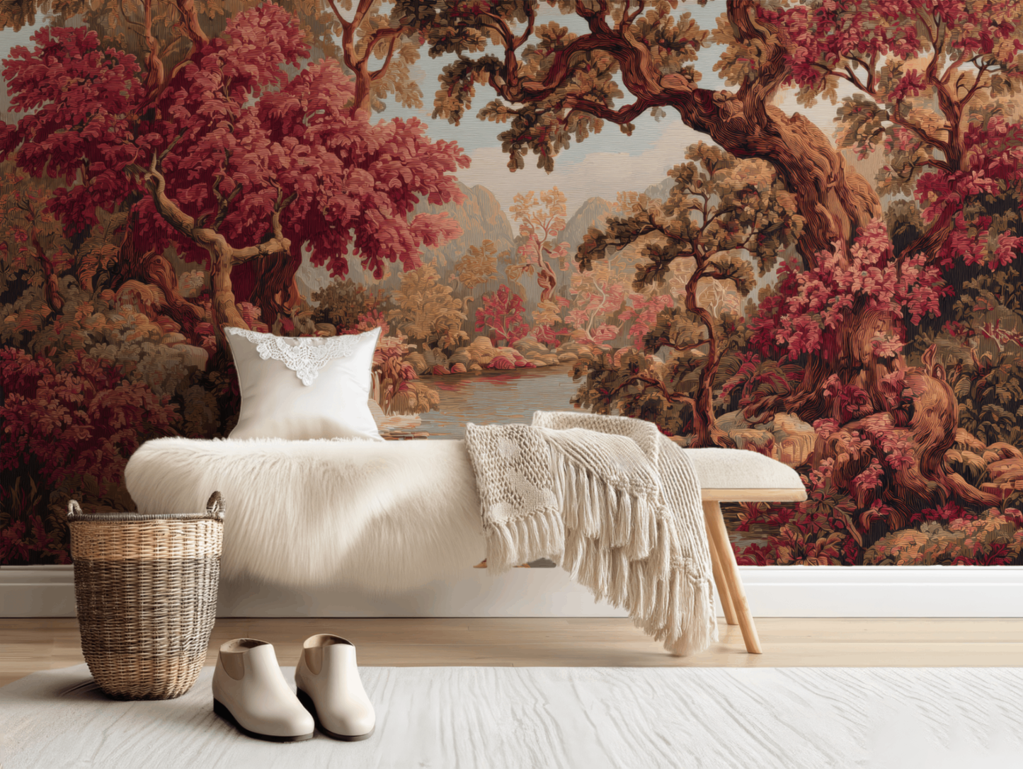 Vintage Red Forest Mural Wallpaper – Luxurious Woodland Scenic Design