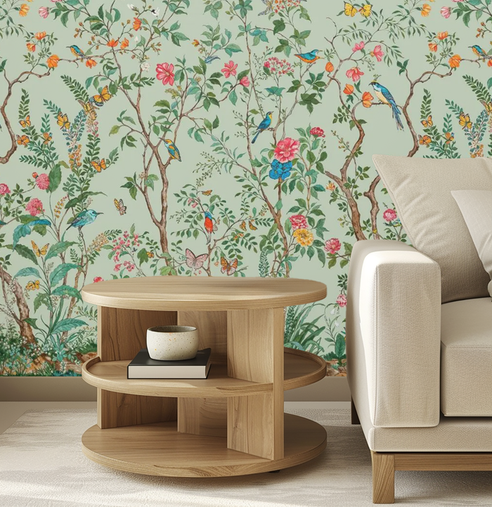 Green floral and wildlife mural wallpaper – design detail