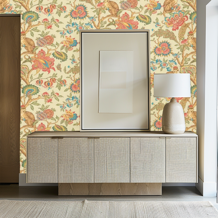 Yellow botanical monkey meadow mural wallpaper