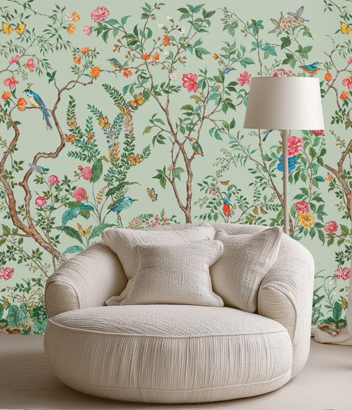 Green floral and wildlife mural wallpaper – design detail