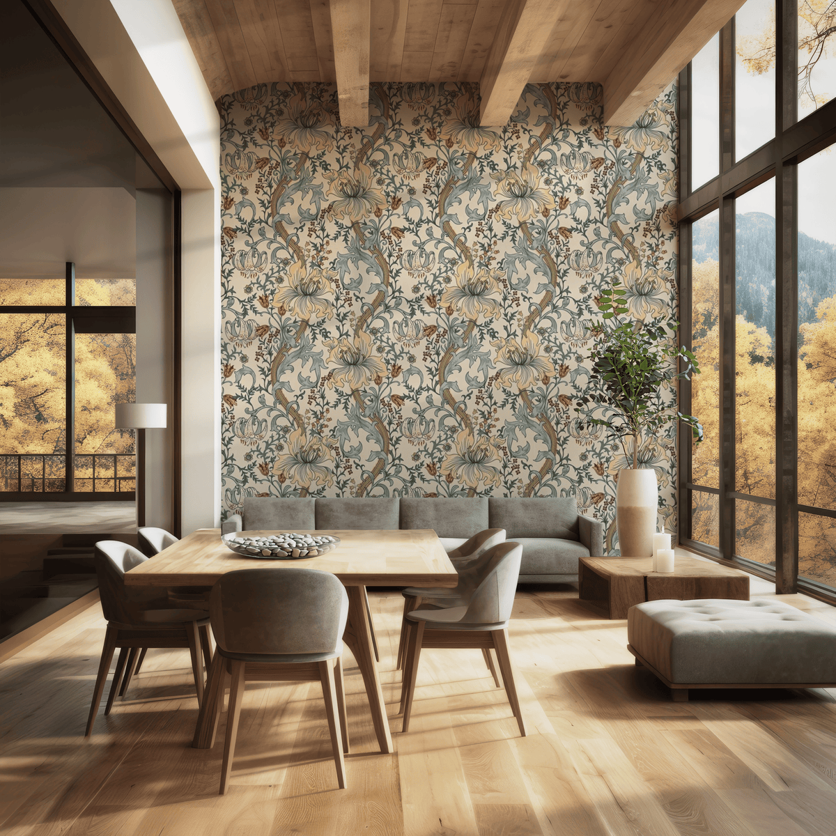 A well-lit room featuring a vintage floral mural wall covering in yellow and green tones, with a wooden dining table and chairs in the foreground.