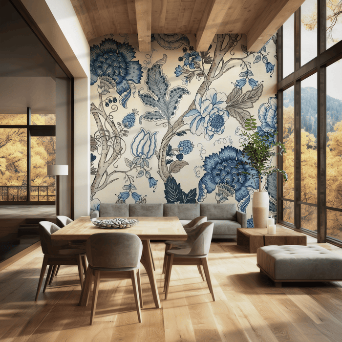 Vintage blue meadow mural wallpaper