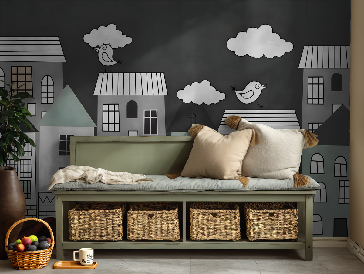 Boys mini town monochrome cityscape mural wallpaper for a boys' room