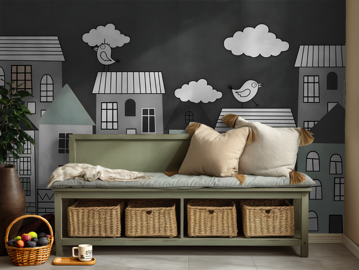 Boys mini town monochrome cityscape mural wallpaper for a boys' room