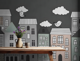 Boys mini town monochrome cityscape mural wallpaper – design detail
