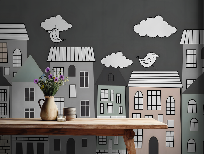 Boys mini town monochrome cityscape mural wallpaper – design detail