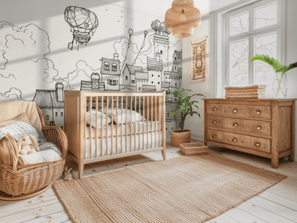 A children's room with a wooden crib, dresser, and chair, featuring a monochrome wall mural of a cityscape on the wall.