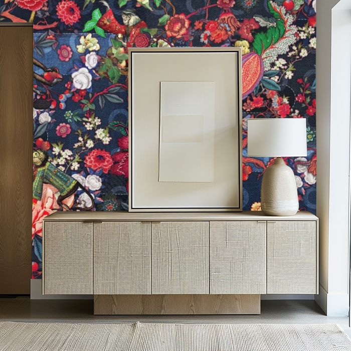 Navy botanical emperor monkey mural wallpaper – design detail