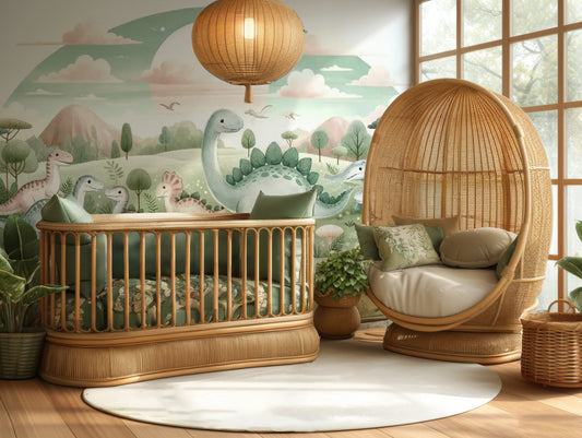 Friendly Valley dinosaur mural wallpaper featuring illustrated friendly dinosaurs, soft greenery, and mountains, styled in a nursery with wooden crib.