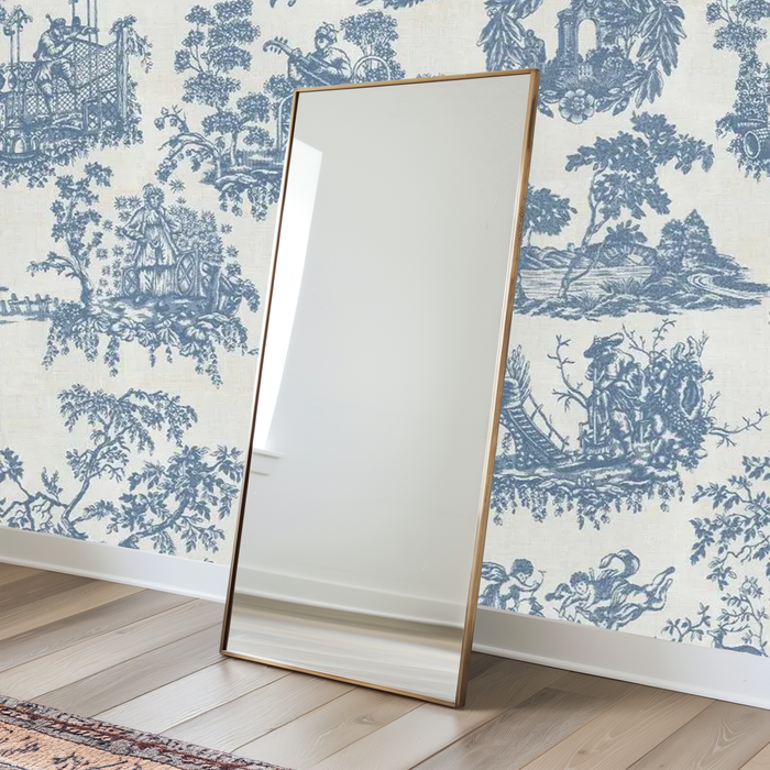 River blue and white French toile mural wallpaper – design detail