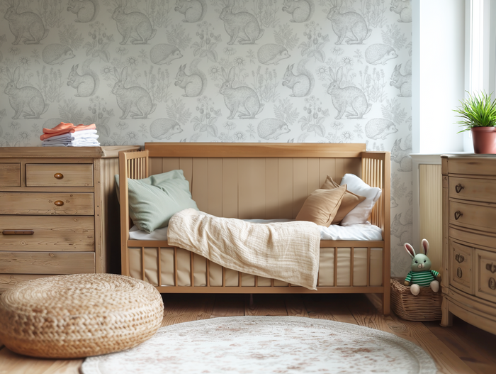 White and grey rabbit mural wallpaper – design detail
