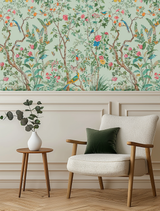 Green floral and wildlife mural wallpaper
