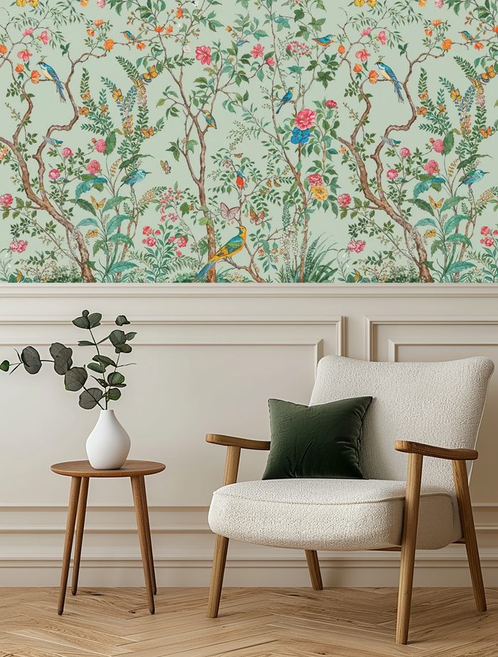 Green floral and wildlife mural wallpaper