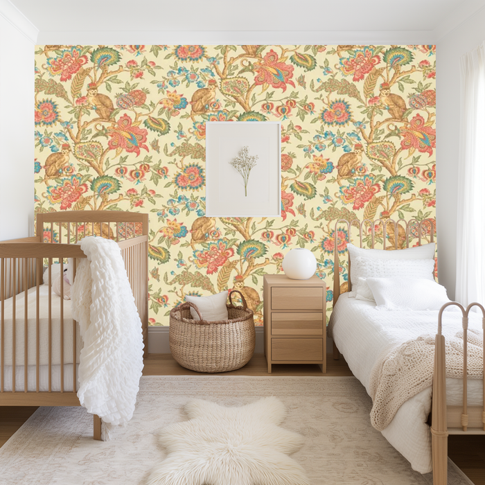 Yellow botanical monkey meadow mural wallpaper – design detail