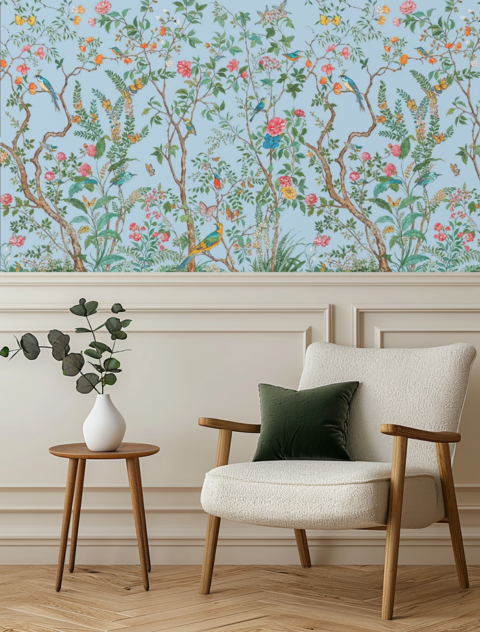 Blue floral and wildlife mural wallpaper