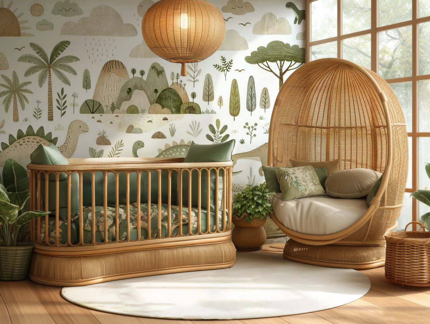 Sunny grove dinosaur mural wallpaper for a nursery