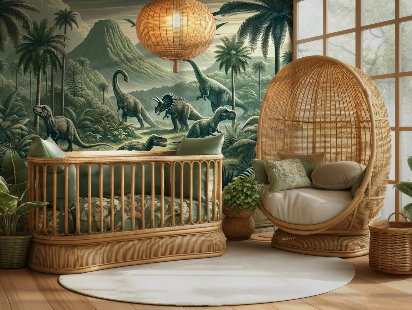 A nursery room with the Primeval Forest Dinosaur Mural on the wall, featuring realistic dinosaurs in a jungle setting. The room includes a wooden crib, a wicker chair, and house plants.
