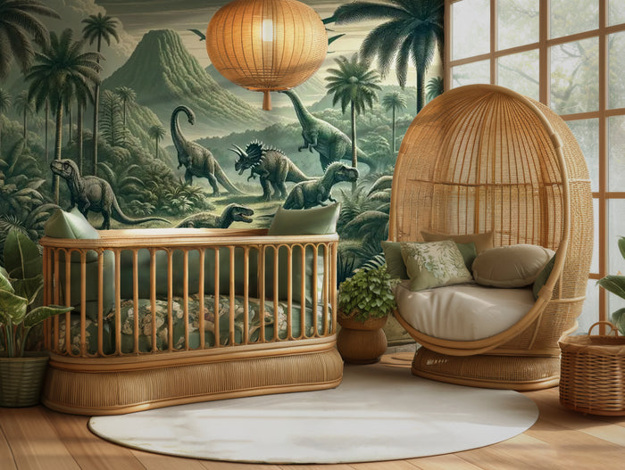 A nursery room with the Primeval Forest Dinosaur Mural on the wall, featuring realistic dinosaurs in a jungle setting. The room includes a wooden crib, a wicker chair, and house plants.