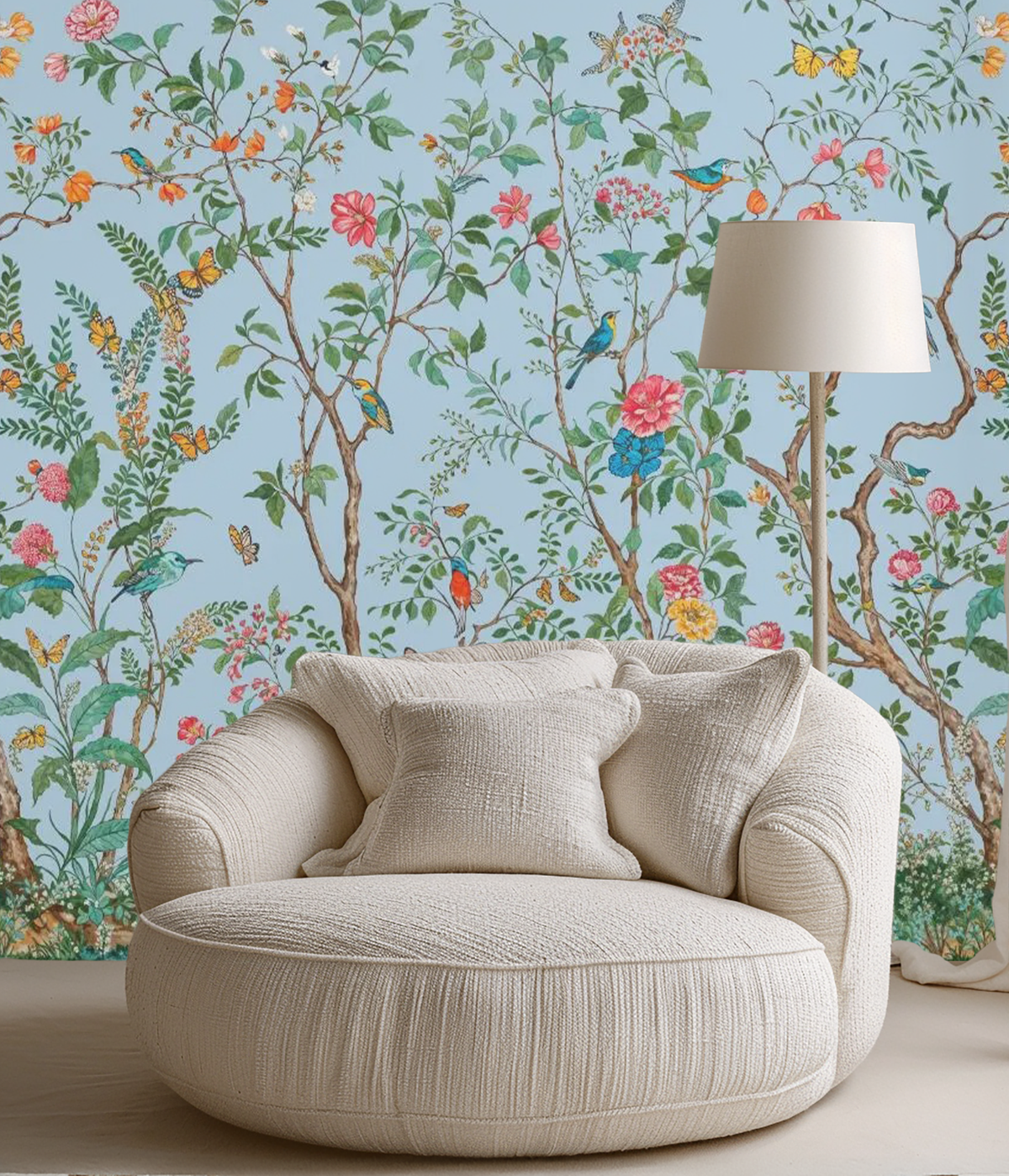 Blue floral and wildlife mural wallpaper – design detail