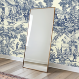 Vintage blue and white French toile mural wallpaper – design detail