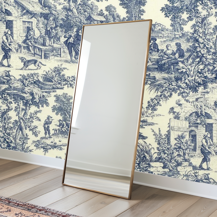 Vintage blue and white French toile mural wallpaper – design detail