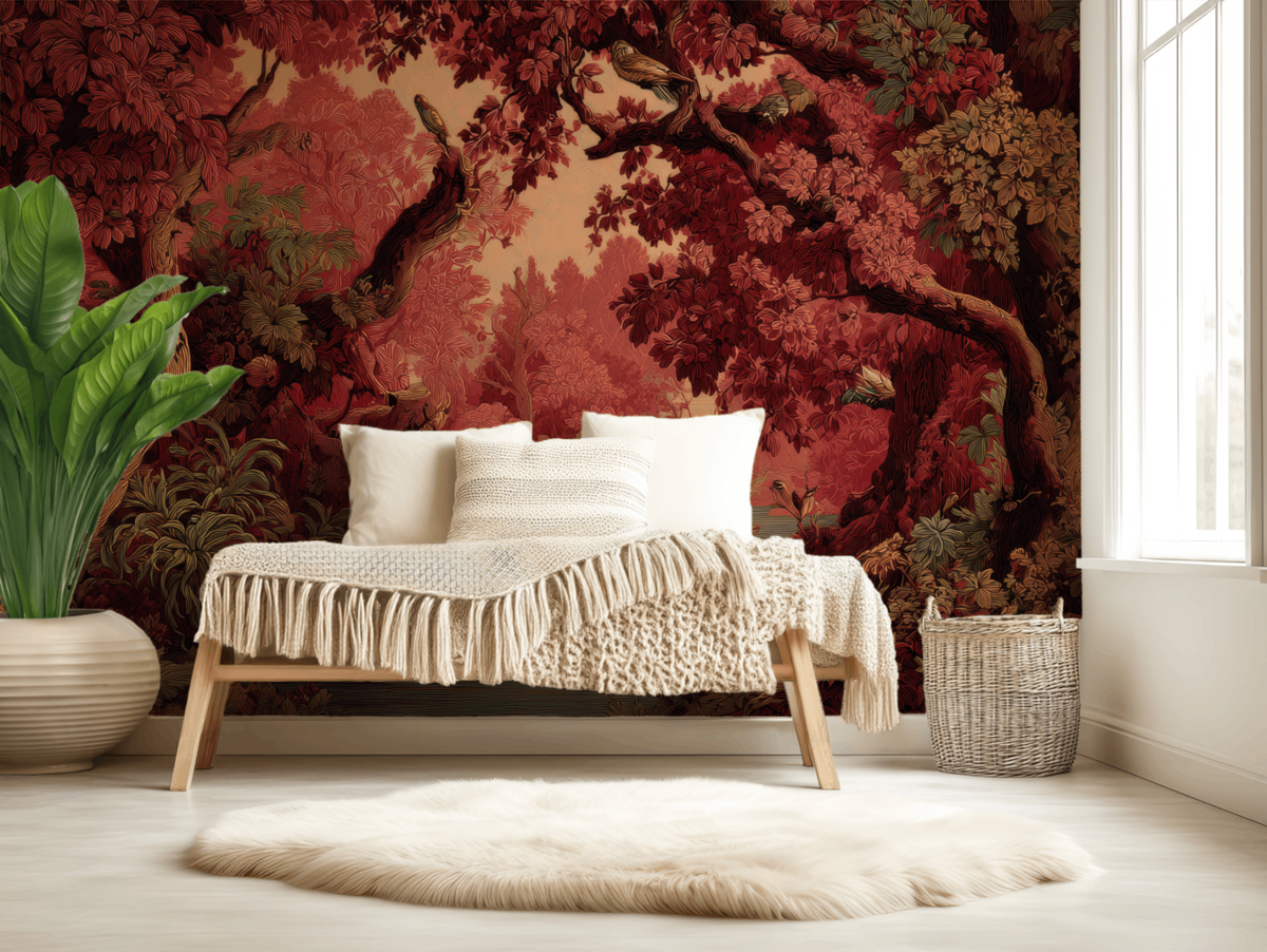 Vintage deep red woodland mural wallpaper