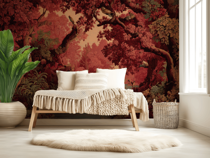 Vintage deep red woodland mural wallpaper