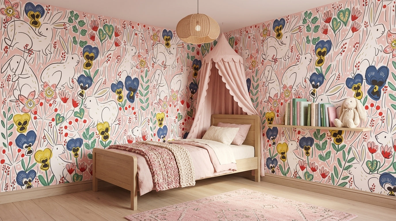 Rabbits and Pansies Wallpaper