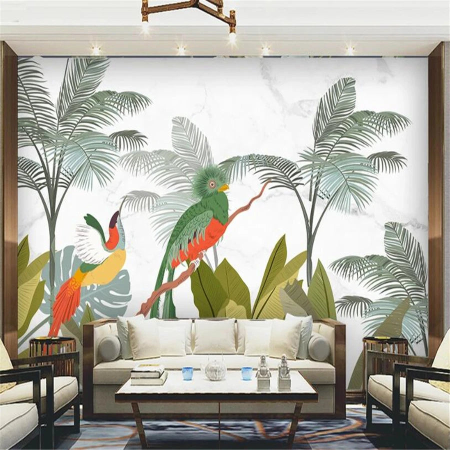 Tropical birds bedroom mural wallpaper – design detail