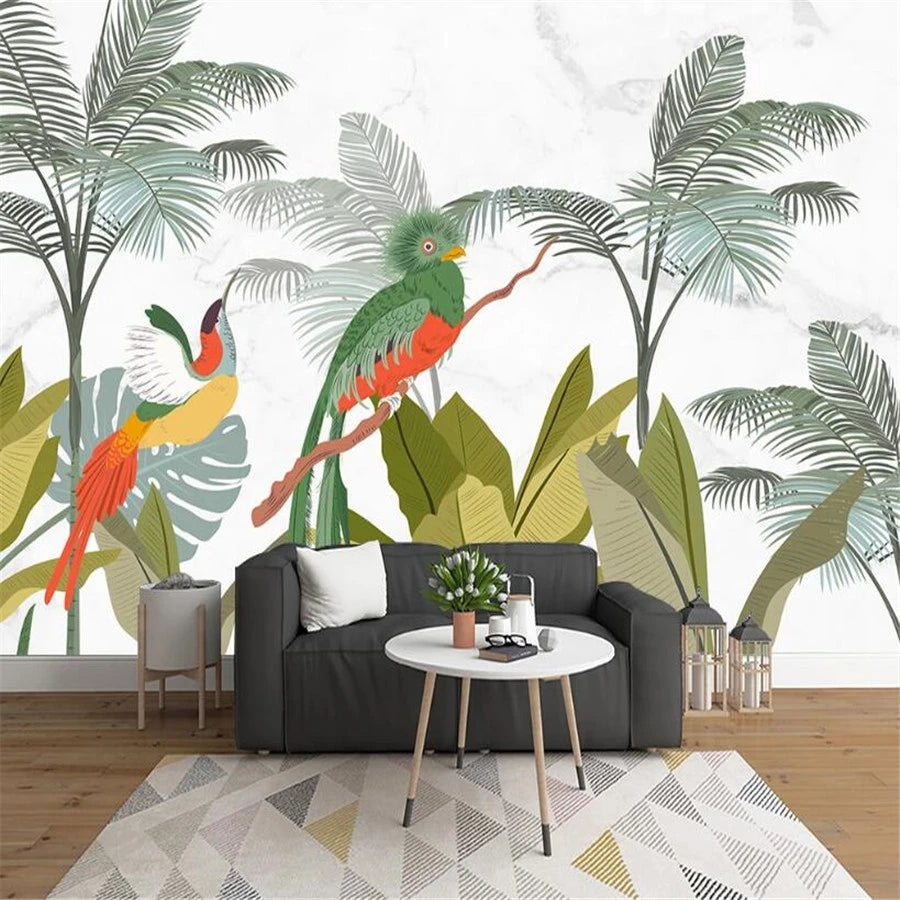 Tropical birds mural wallpaper for a bedroom