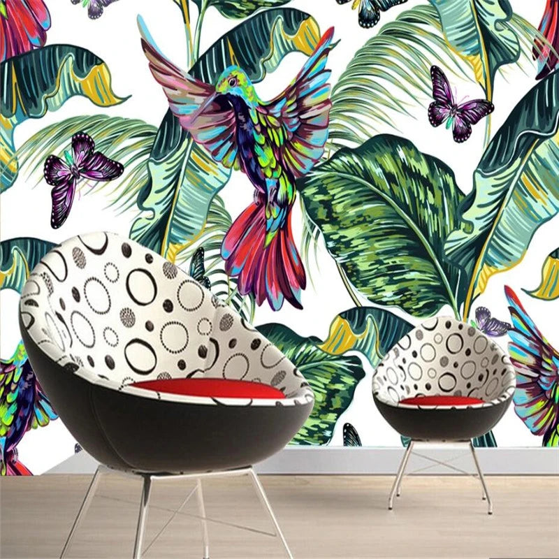 Birds and butterflies jungle mural wallpaper for a bedroom
