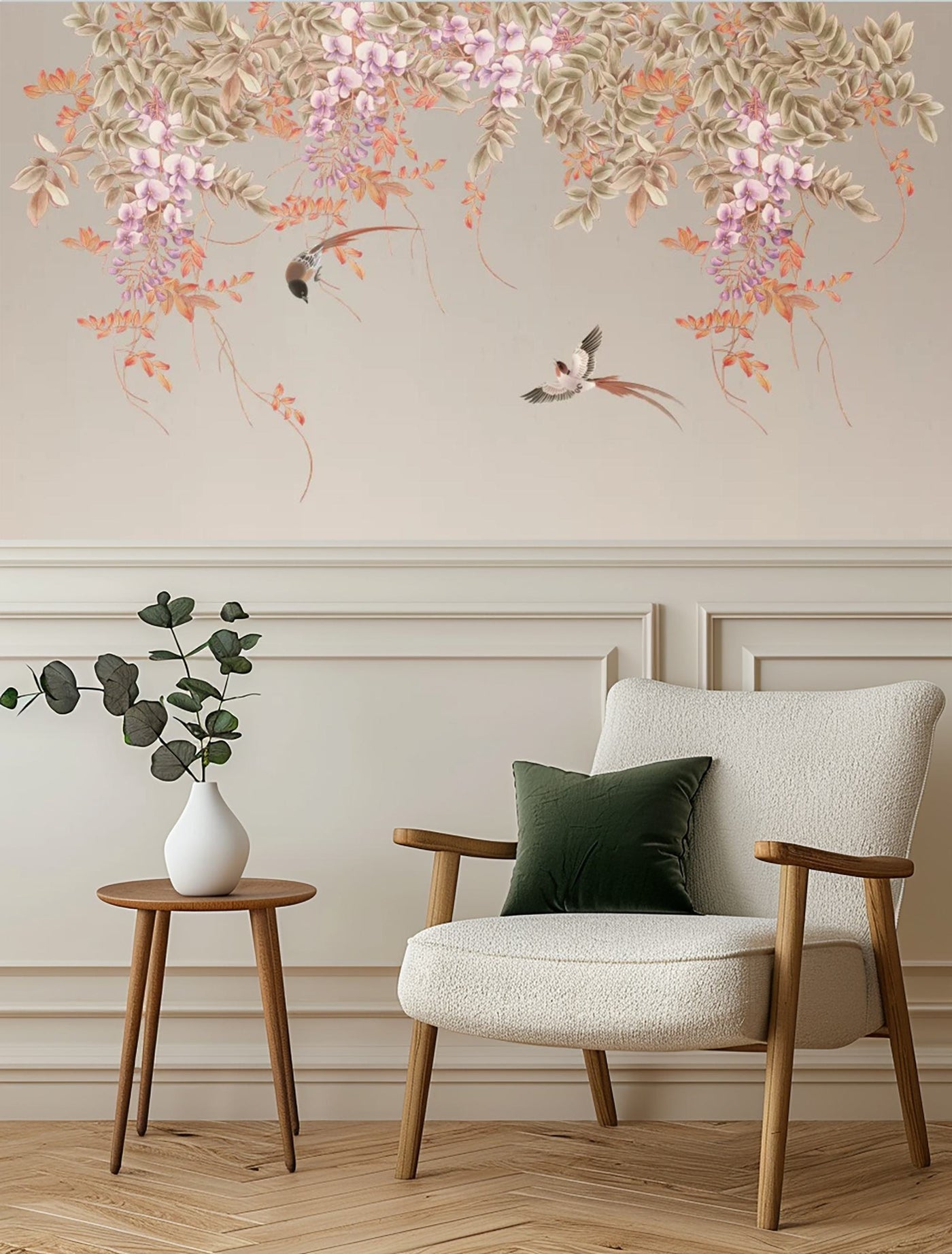 Pink wisteria and birds mural wallpaper