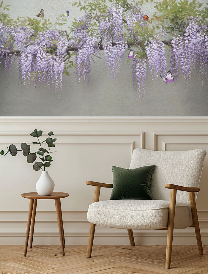Purple wisteria and butterflies mural wallpaper – design detail