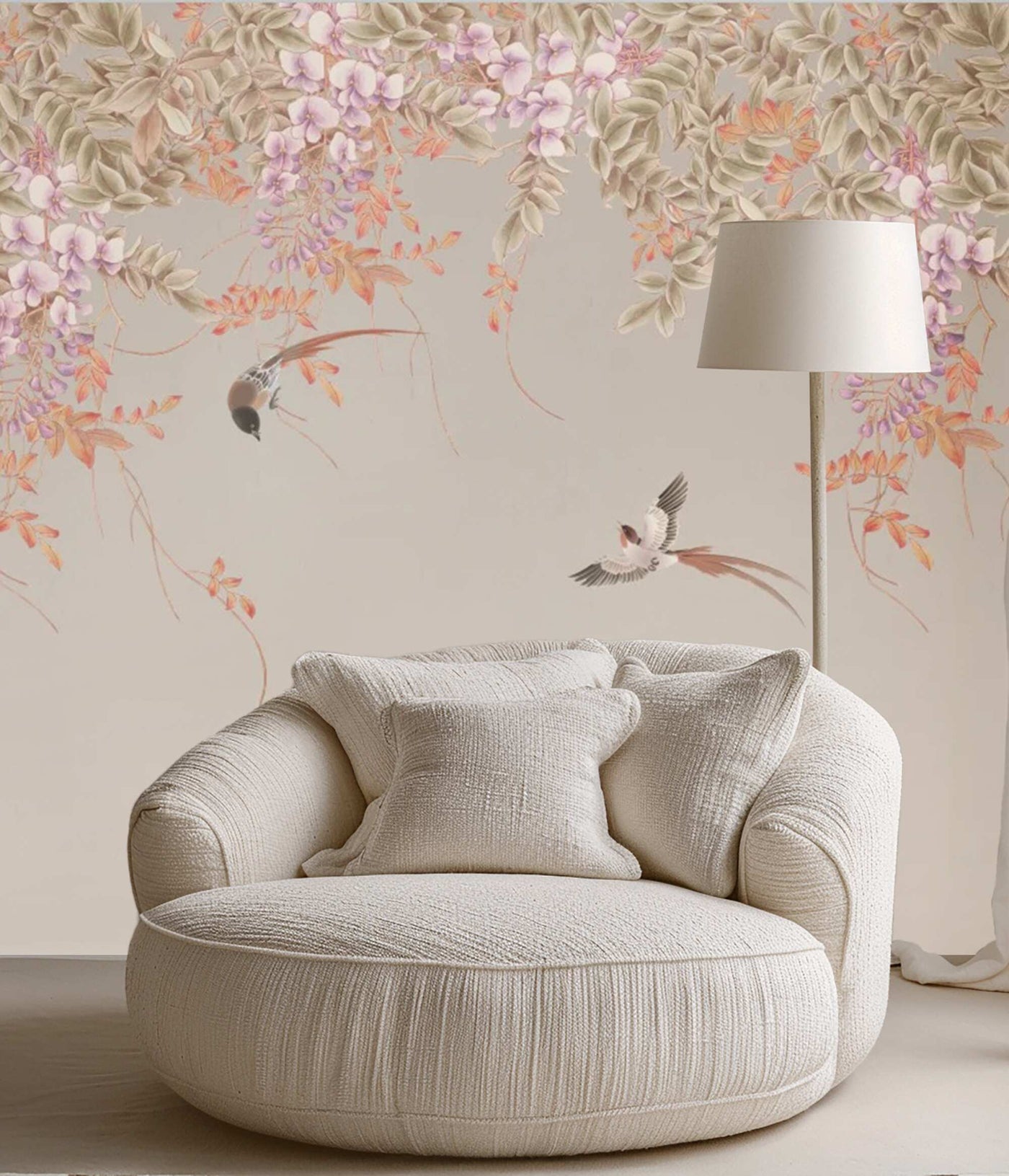 Pink wisteria and birds mural wallpaper – design detail