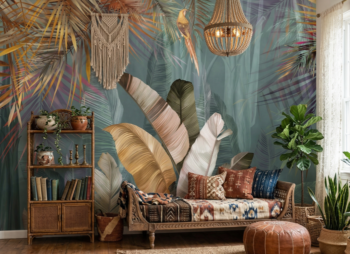 Colourful tropical jungle wall mural wallpaper – design detail